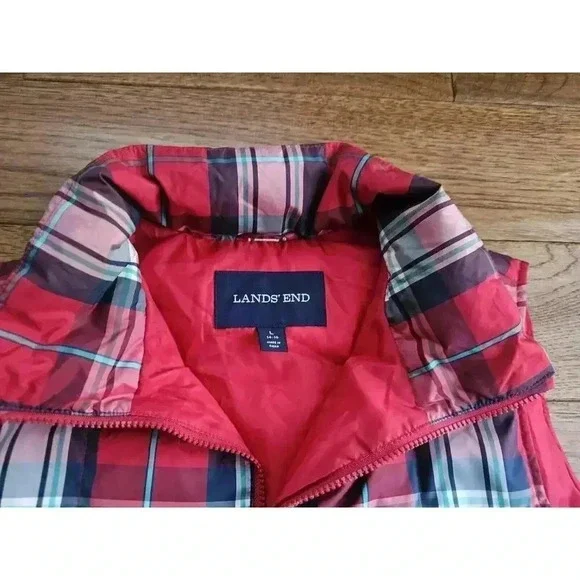 Lands's End Plaid Puffer Vest Women’s Size Large Holiday Americana Red & Navy - Picture 2 of 7